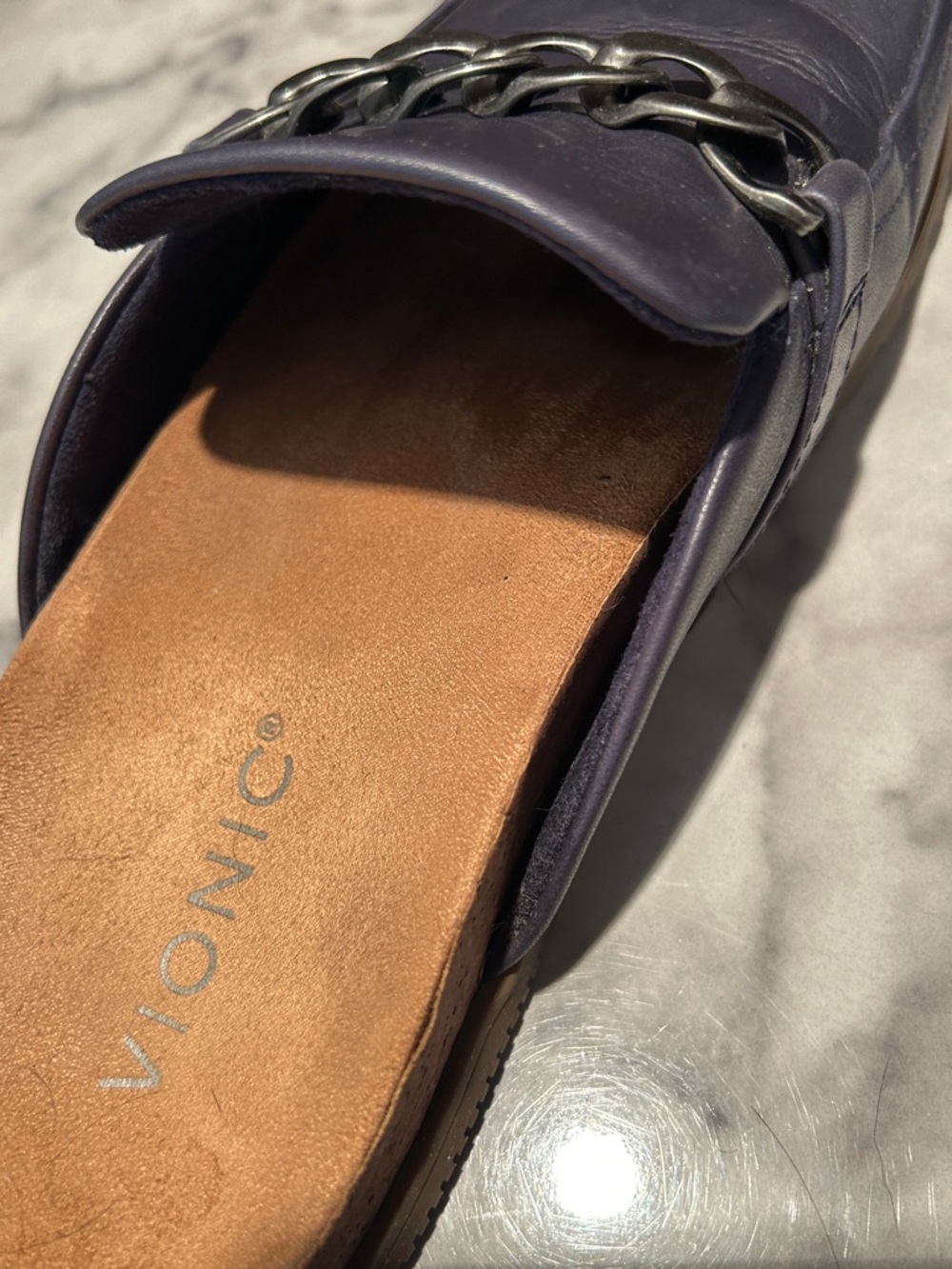 Vionic Navy Leather Chain-Trim Slip-On Mules - Picture 4 of 4